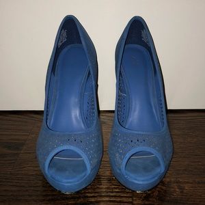 Blue suede peep toe heels, size 8